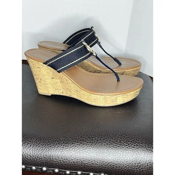 Tommy Hilfiger Ladies Shoes Black High Heel Wedge Platform Logo Cork 7.5 M - Picture 2 of 10